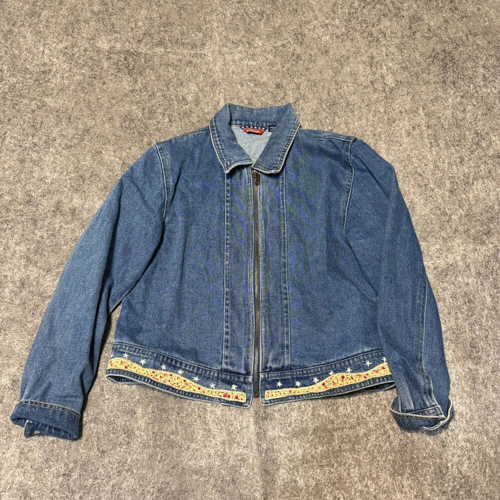 Vintage 90s Agapo Denim Jacket Womens M Patriotic American Flag Patchwork Beaded